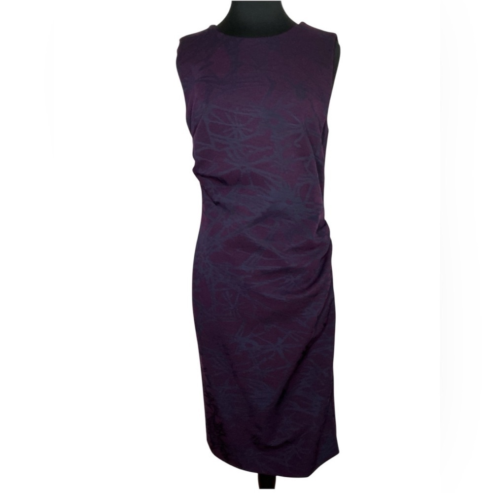 Escada Ruched Jacquard Print Sheath Midi Dress Purple Size 42 - Picture 2 of 16